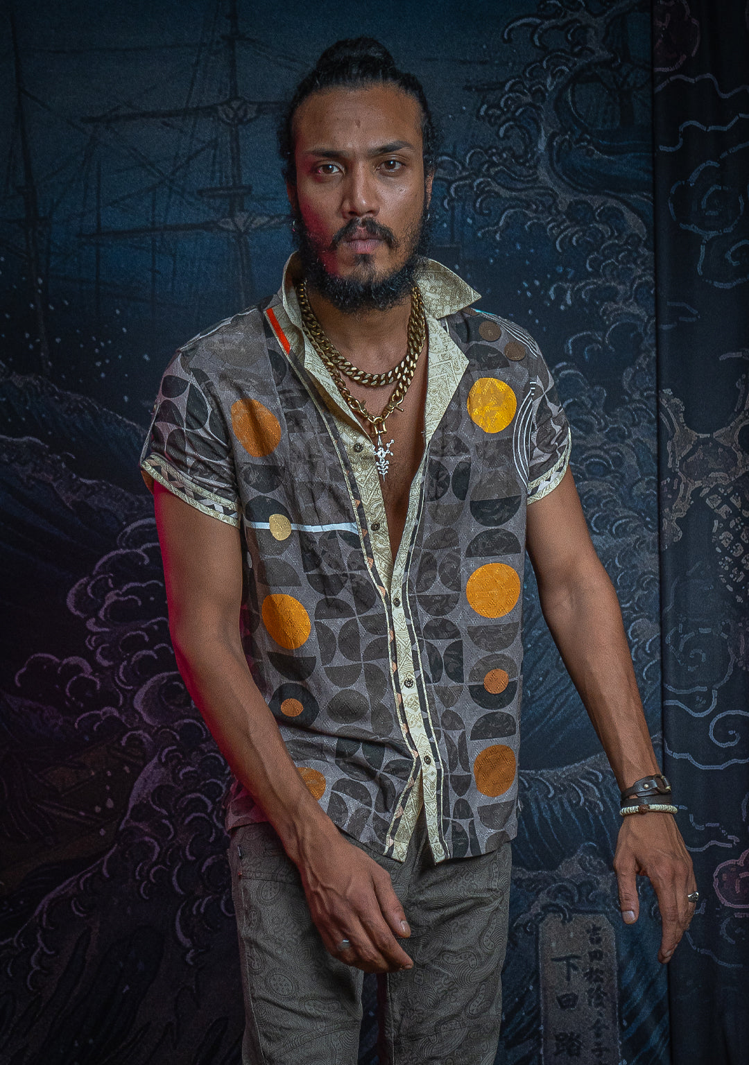 Shirt Men Half Sleeves / Organic Bio Farms Linen Jaquard - KINGCACAO Mayaz
